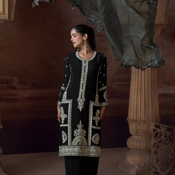 Party Wear Chinnon Silk Black Embroidered Pakistani Style Palazzo Suit - Picture 1 of 3